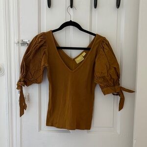 Mustard double v neck top with puff sleeves